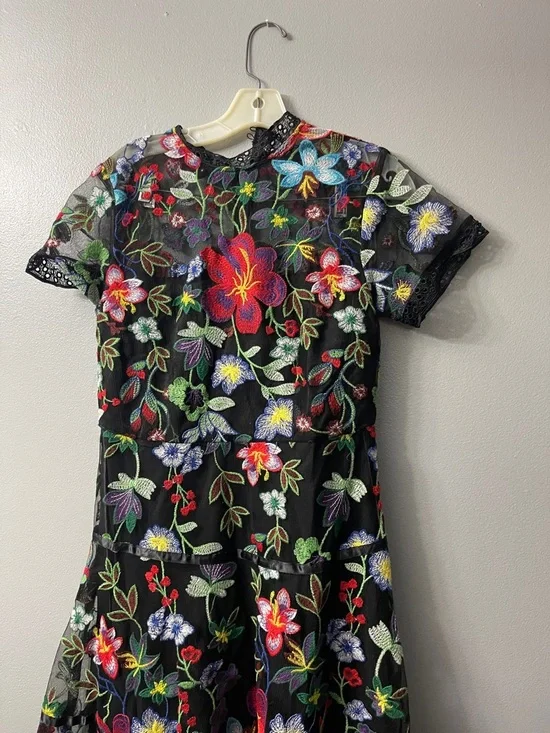 Anthropologie Janine Embroidered Dress features a high neck, sheer cap sleeves 6 - Picture 5 of 9